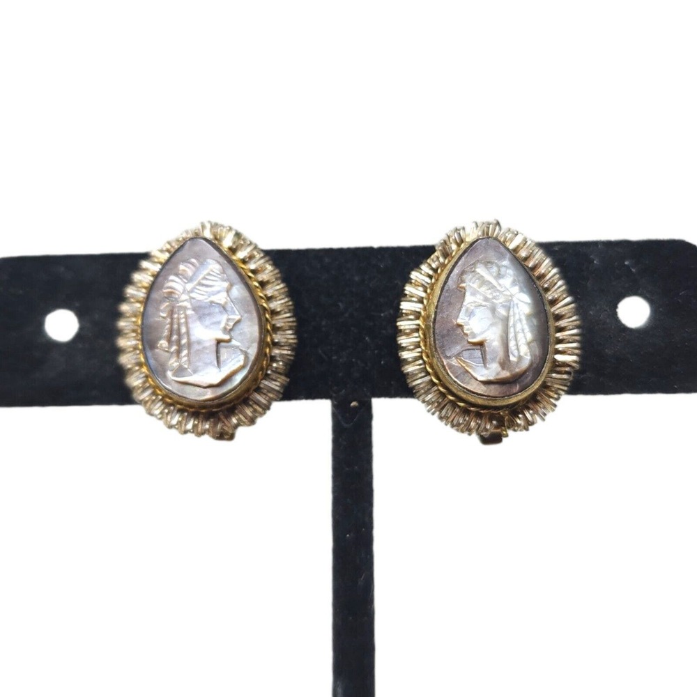 Antique Cameo Earrings Vtg Mother of Pearl MOP Shell Brass Sterling Silver Clip